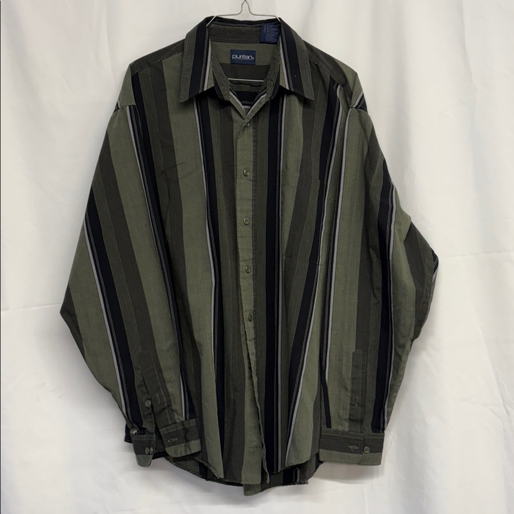 Puritan Olive and Charcoal Striped Shirt sz L 16 1/2